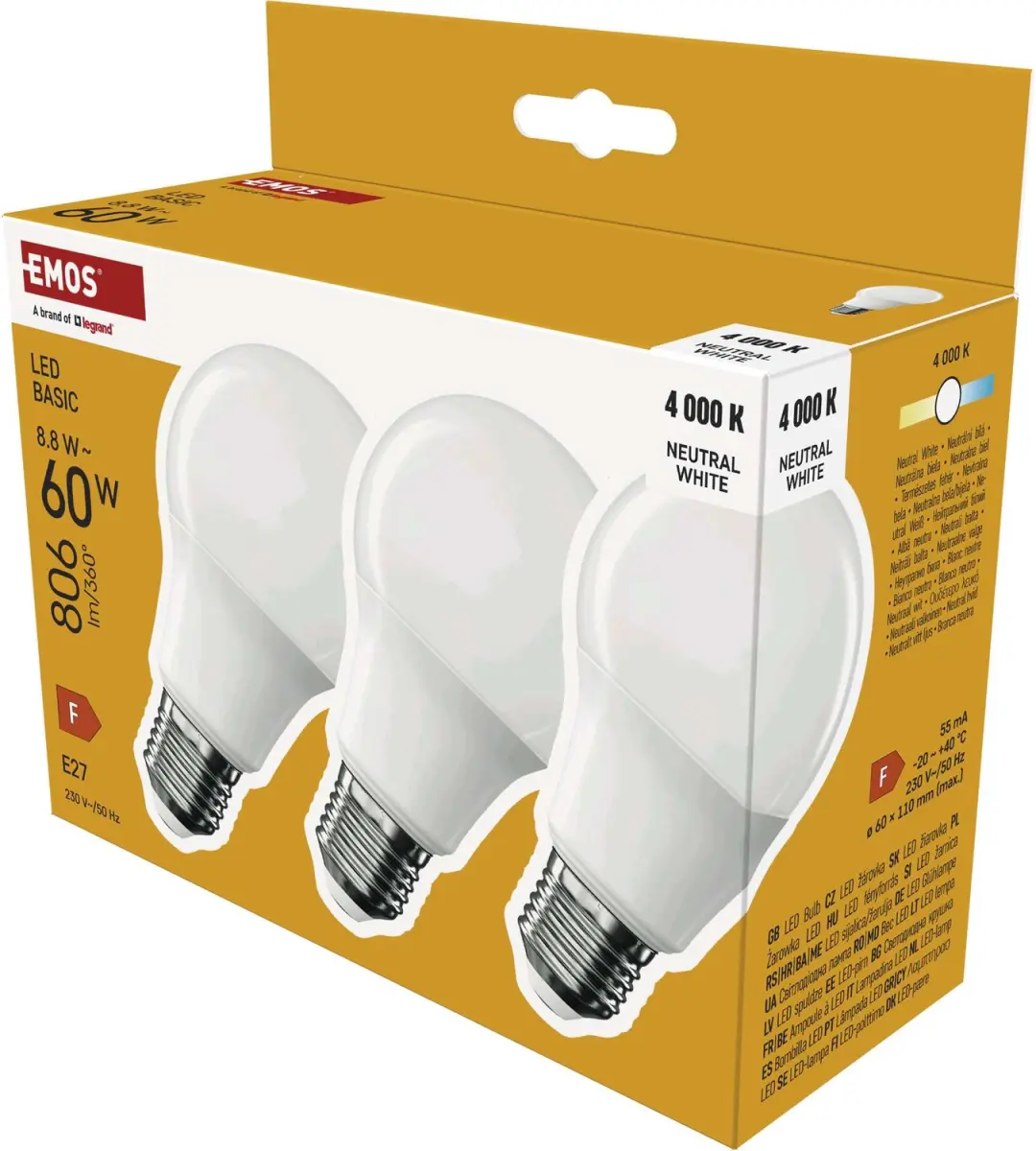 EMOS LED-lamp Basic A60 / E27 / 8,8 W (60 W) / 806 lm / neutraal wit / 3 stuks,