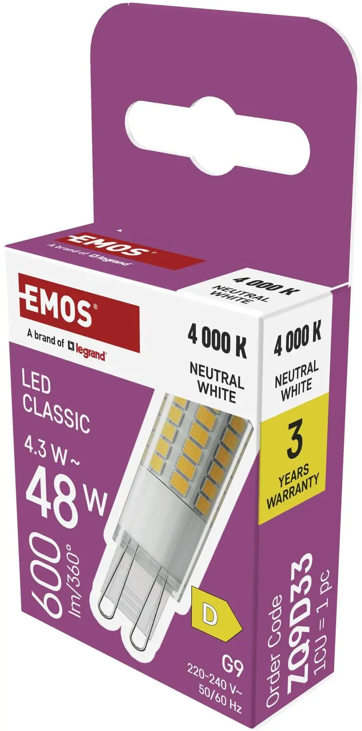 EMOS LED-lamp Classic JC / G9 / 4,3 W (48 W) / 600 lm / neutraal wit, ZQ9D33