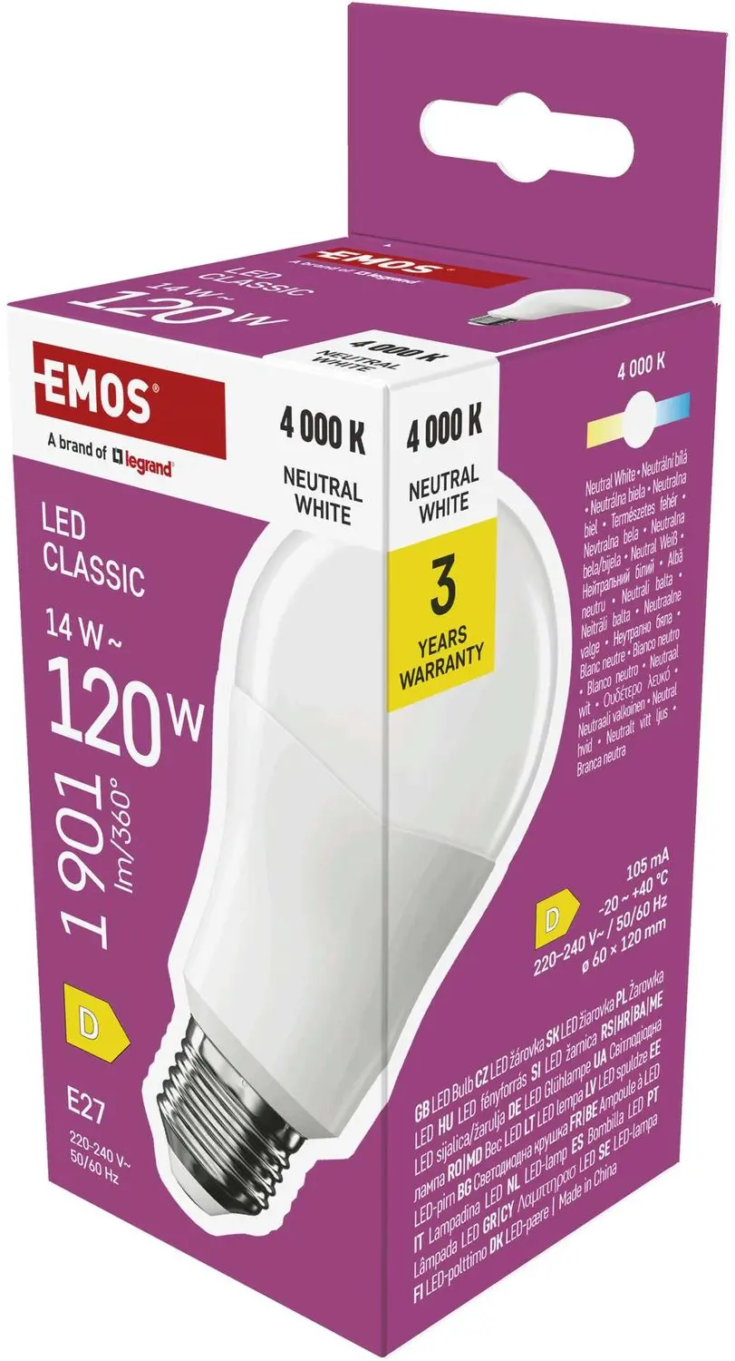 EMOS LED-lamp Classic A60 / E27 / 14 W (120 W) / 1901 lm / neutraal wit, ZQ5D76