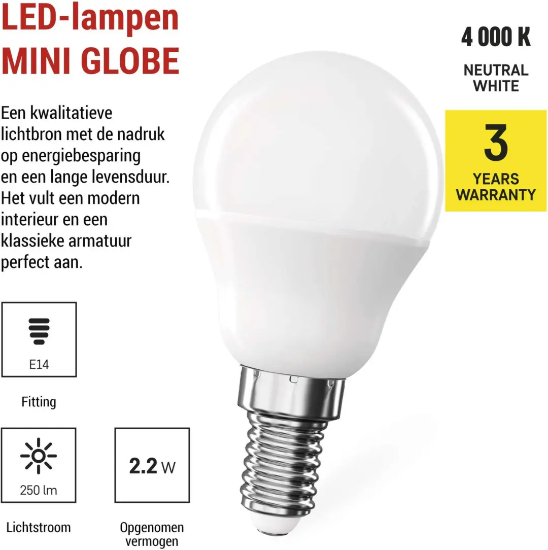 Emos CLS Mini Globe LED-lamp E14 2,2W - Neutraal wit - afbeelding 4 van 6