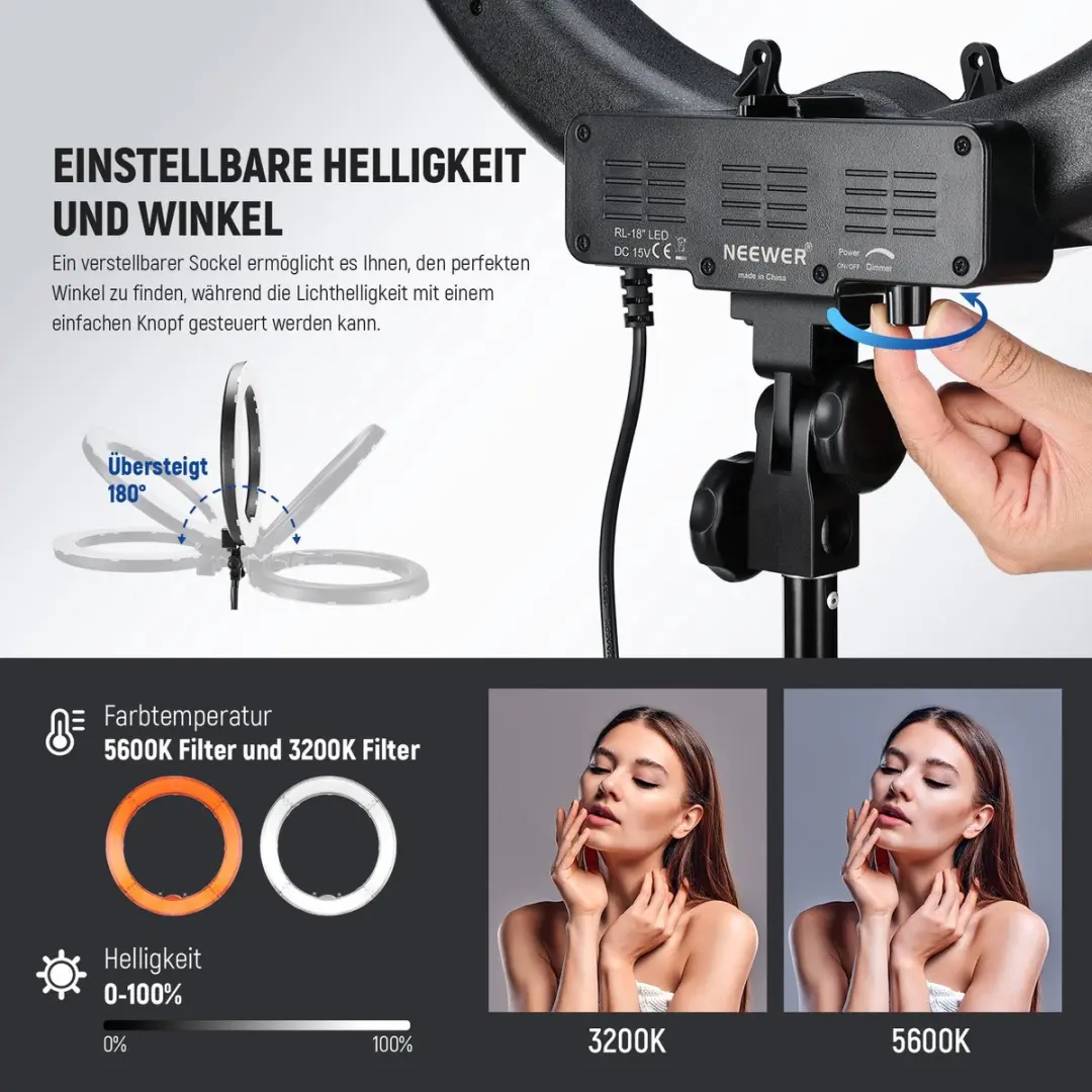 Neewer RL-18 Ringlicht 18 inch - 5600K - Zwart - afbeelding 3 van 6