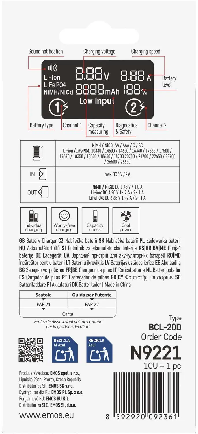 Emos BCL-20D Universele Acculader voor Li-ion - AA, AAA, C - afbeelding 6 van 6