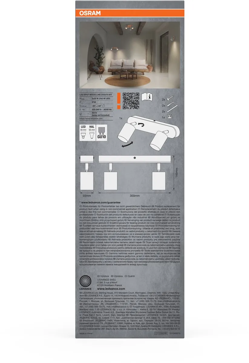 Osram LED Spot Wood Line Plafondspot 2xGU10 - Wit/Hout - IP20