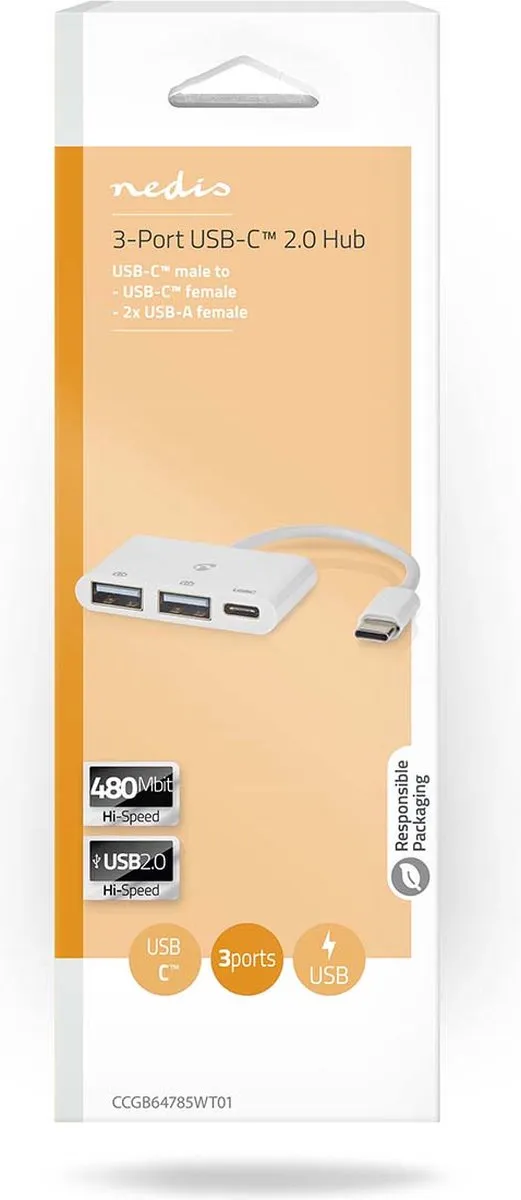 Nedis USB-Hub CCGB64785WT01 - 3 Poorten - Wit