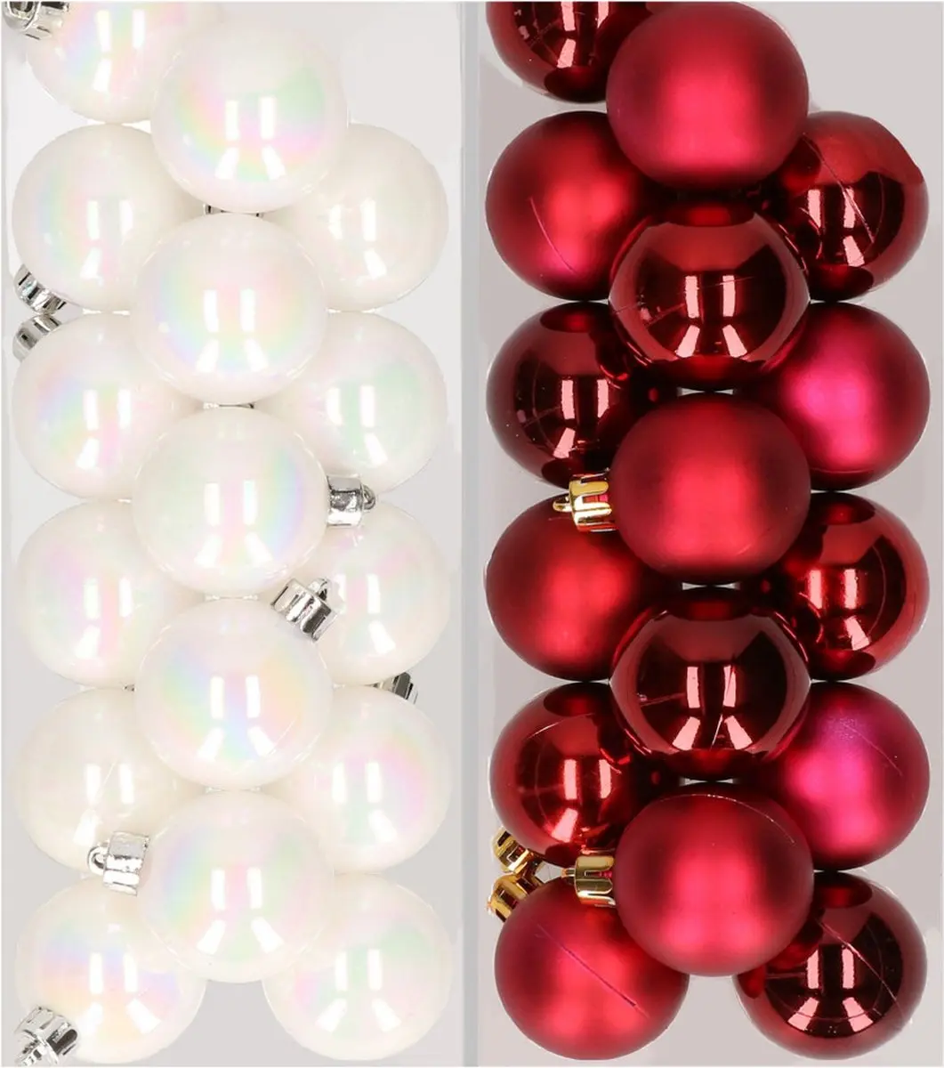 32x stuks kunststof kerstballen mix van parelmoer wit en donkerrood 4 cm