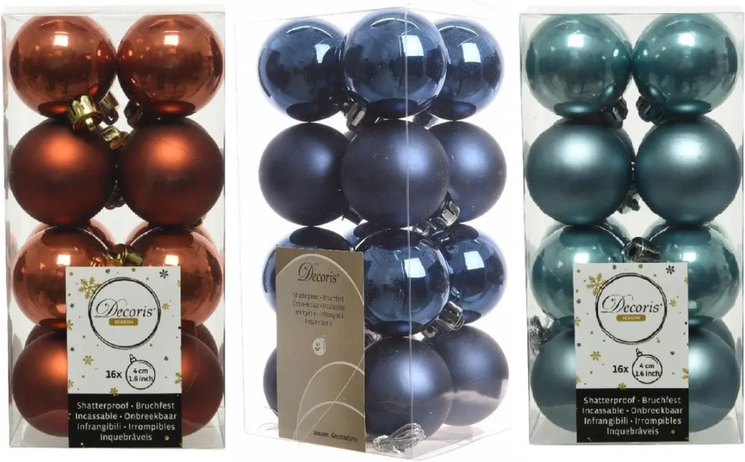 48x Stuks kunststof kerstballen mix donkerblauw/terra bruin/ijsblauw 4 cm