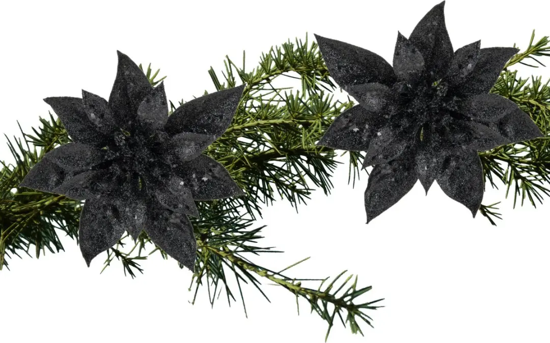 Cosy & Trendy Decoratie bloem - 2x stuks - kerstster - op clip - zwart - glitter -15 cm - kunststof - kerstversiering