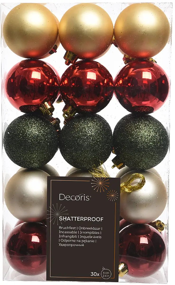 Kerstballen rood groen goud mix 30 stuks