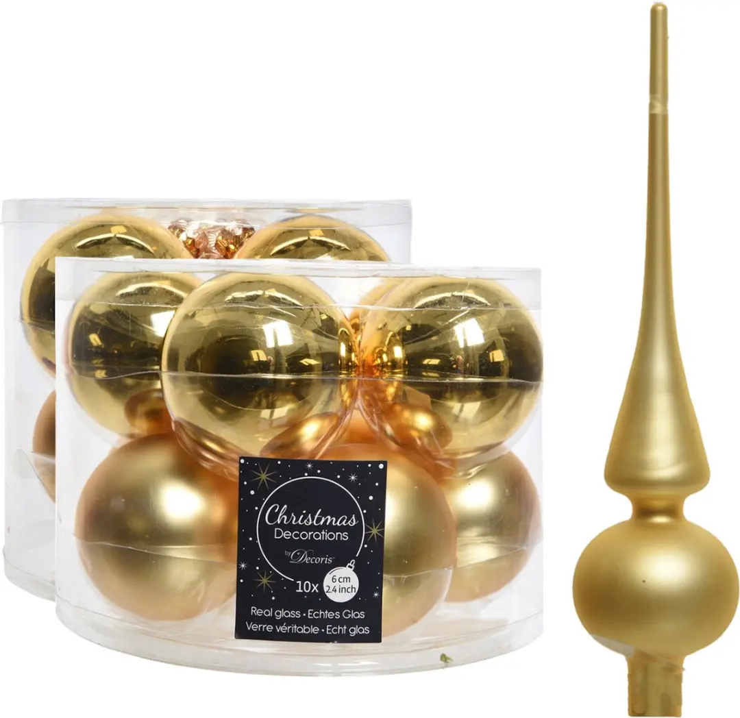 Compleet glazen kerstballen pakket goud glans/mat 32x stuks met piek mat