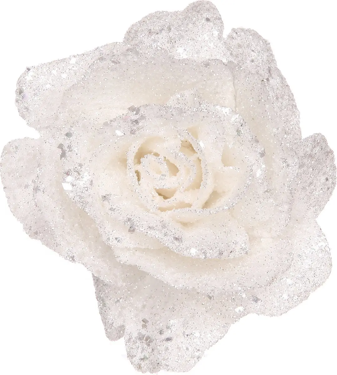 Witte roos met glitters op clip 10 cm