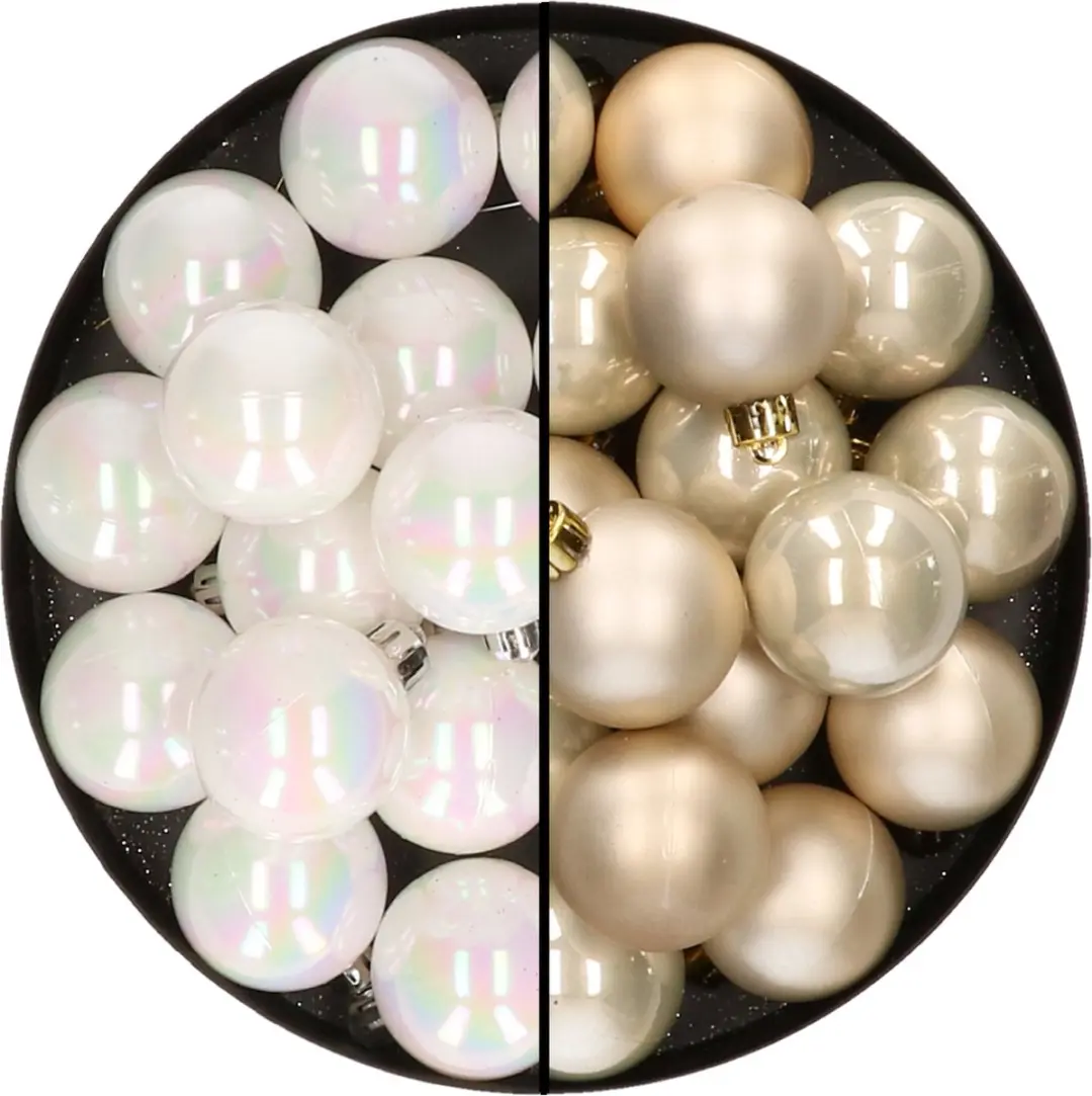 32x stuks kunststof kerstballen mix van parelmoer wit en champagne 4 cm
