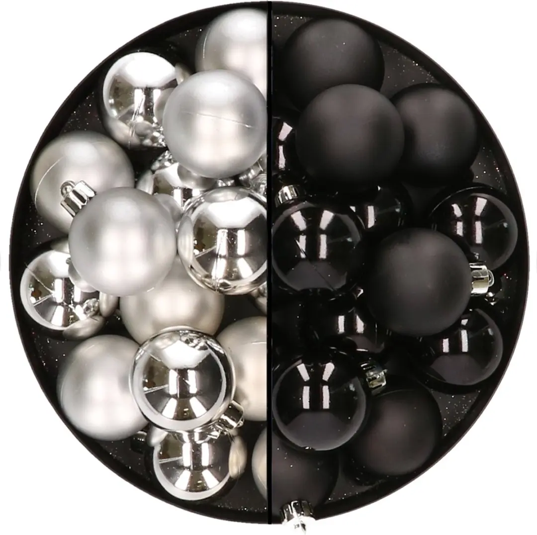 32x stuks kunststof kerstballen mix van zilver en zwart 4 cm