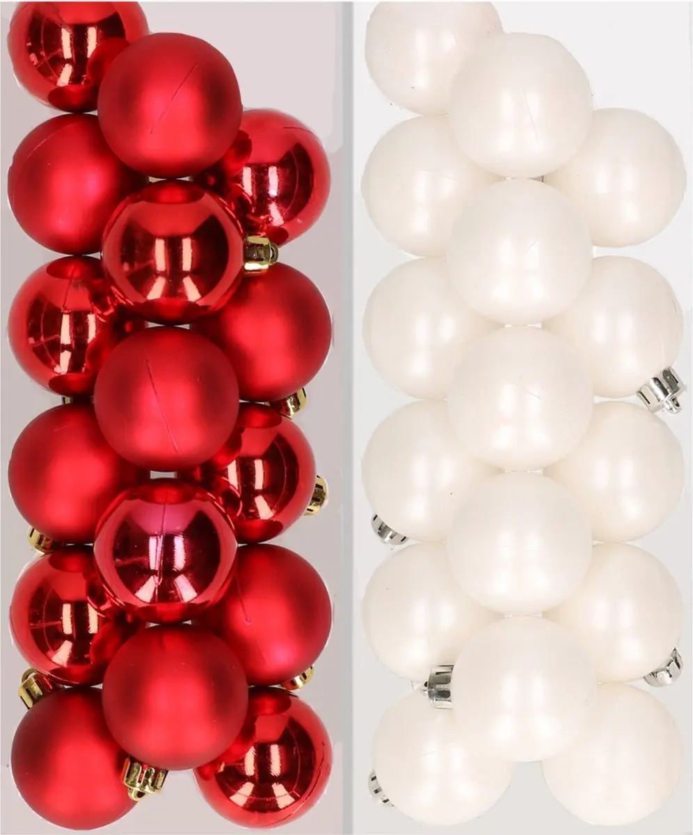 32x stuks kunststof kerstballen mix van rood en wit 4 cm