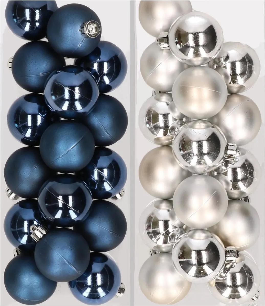 32x stuks kunststof kerstballen mix van donkerblauw en zilver 4 cm