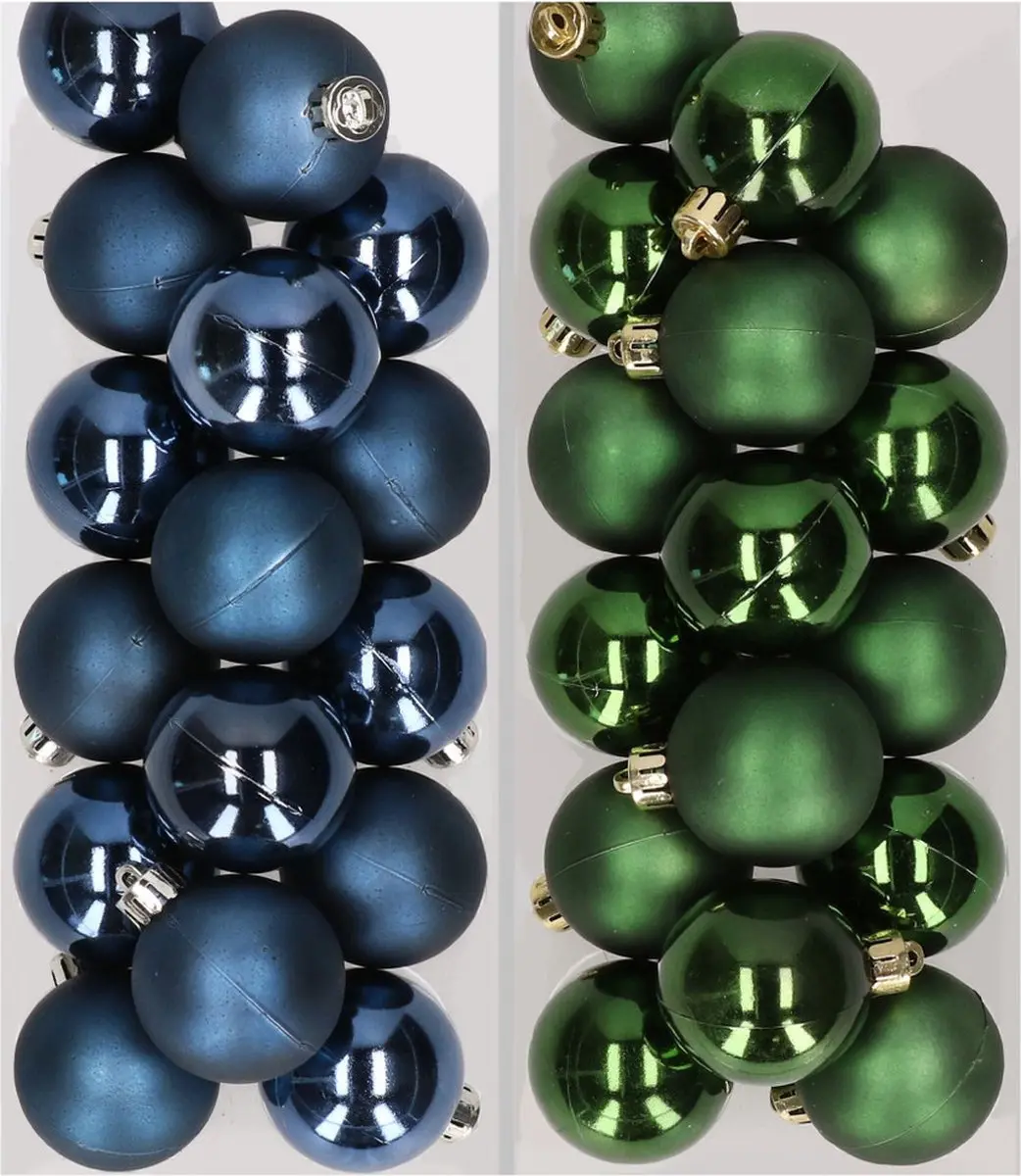 32x stuks kunststof kerstballen mix van donkerblauw en donkergroen 4 cm