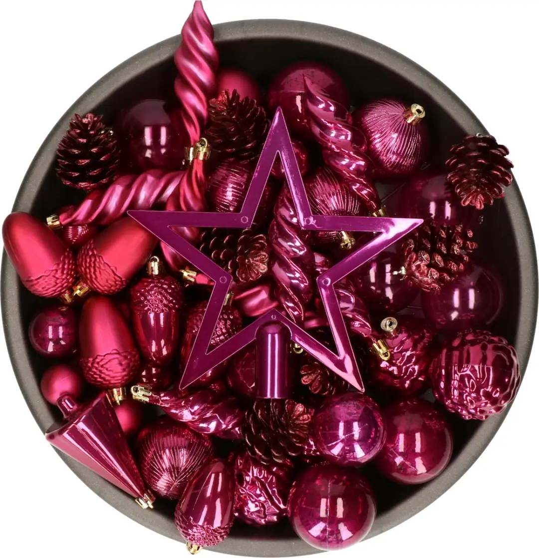 Decoris kerstballen, ornamenten en piek set - 60-delig - donkerroze - kunststof - kerstversiering