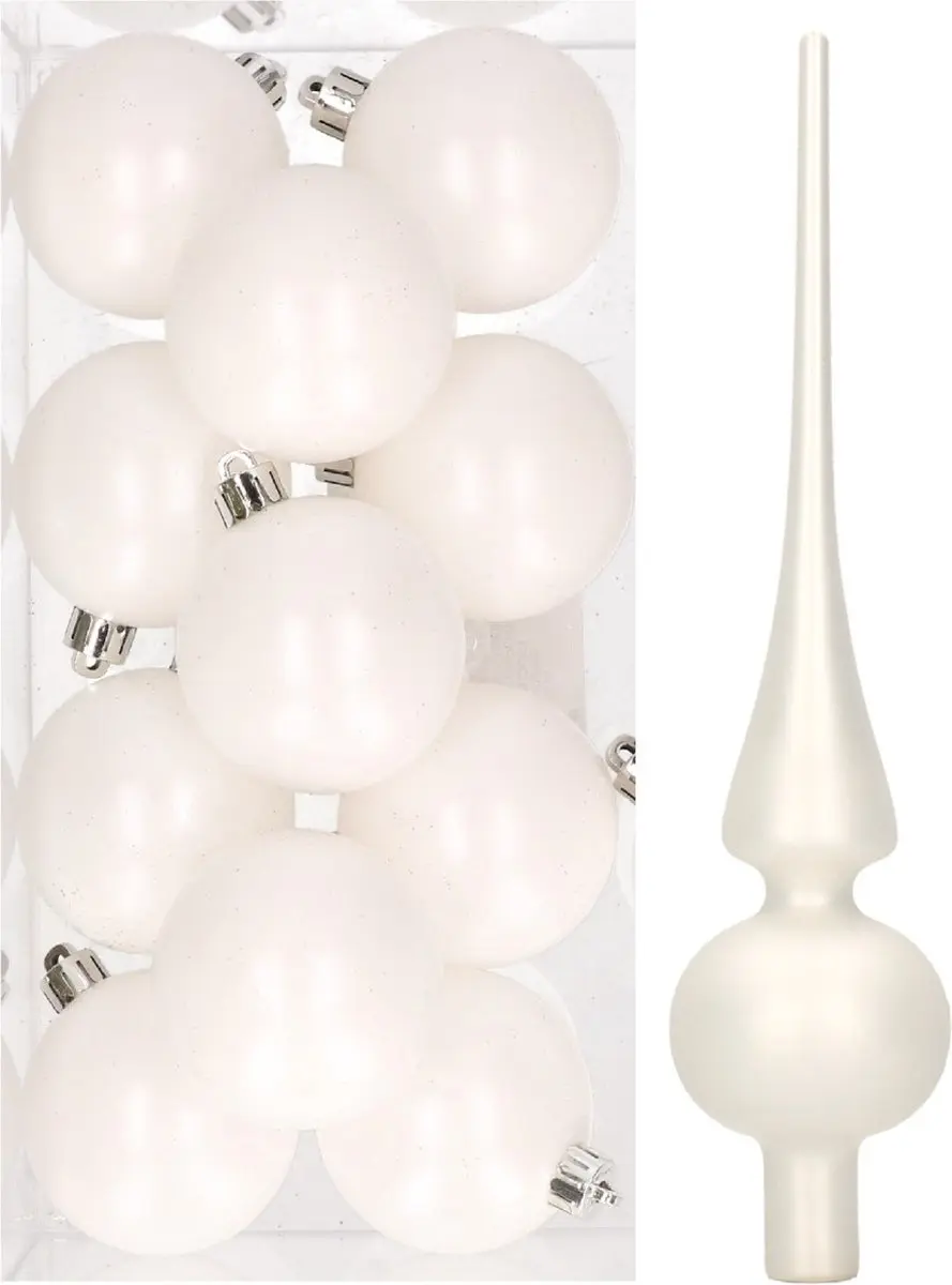 12x Winter witte kunststof kerstballen met glazen piek mat