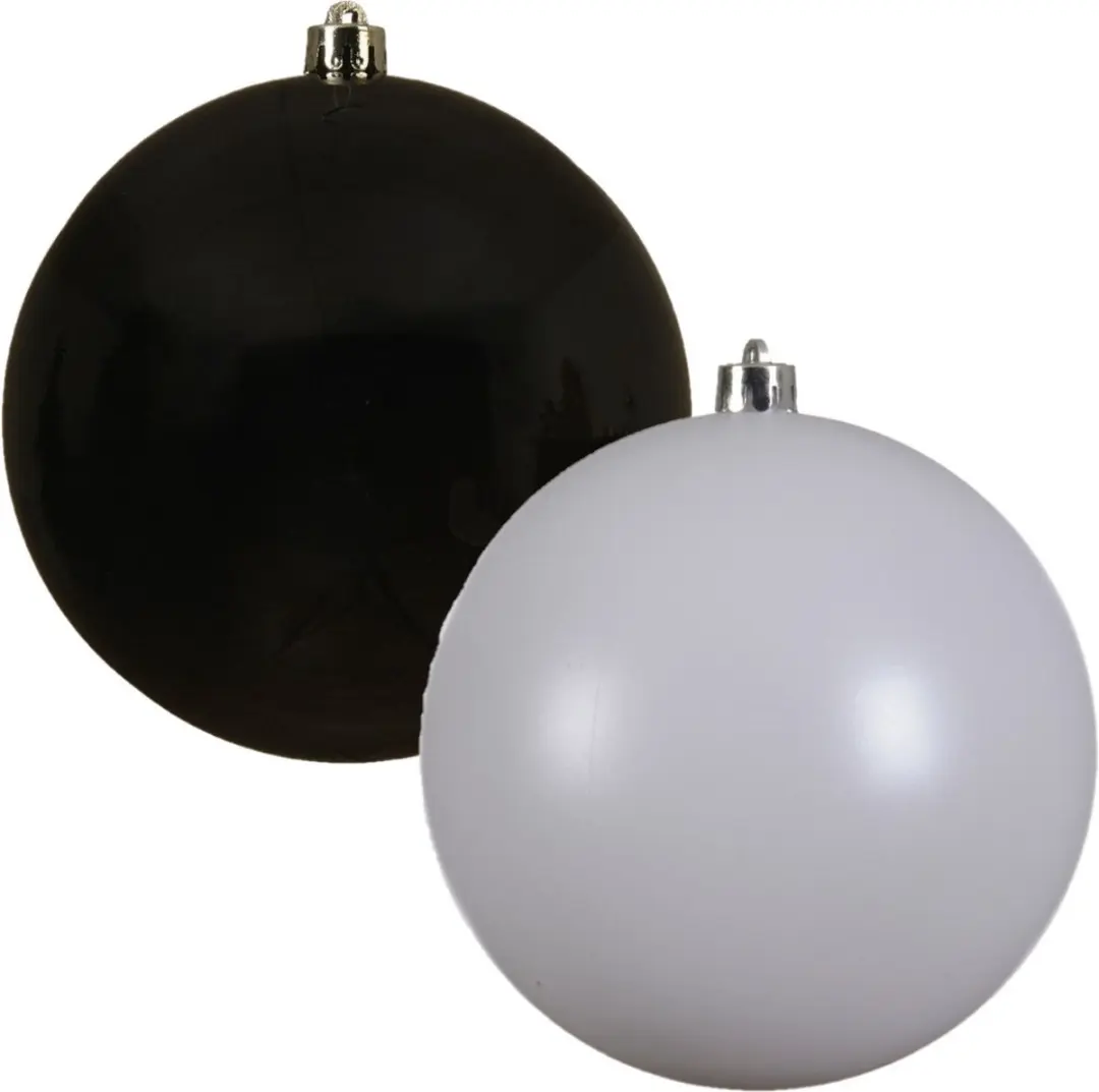 Kerstversieringen set van 6x grote kunststof kerstballen zwart en wit 14 cm glan