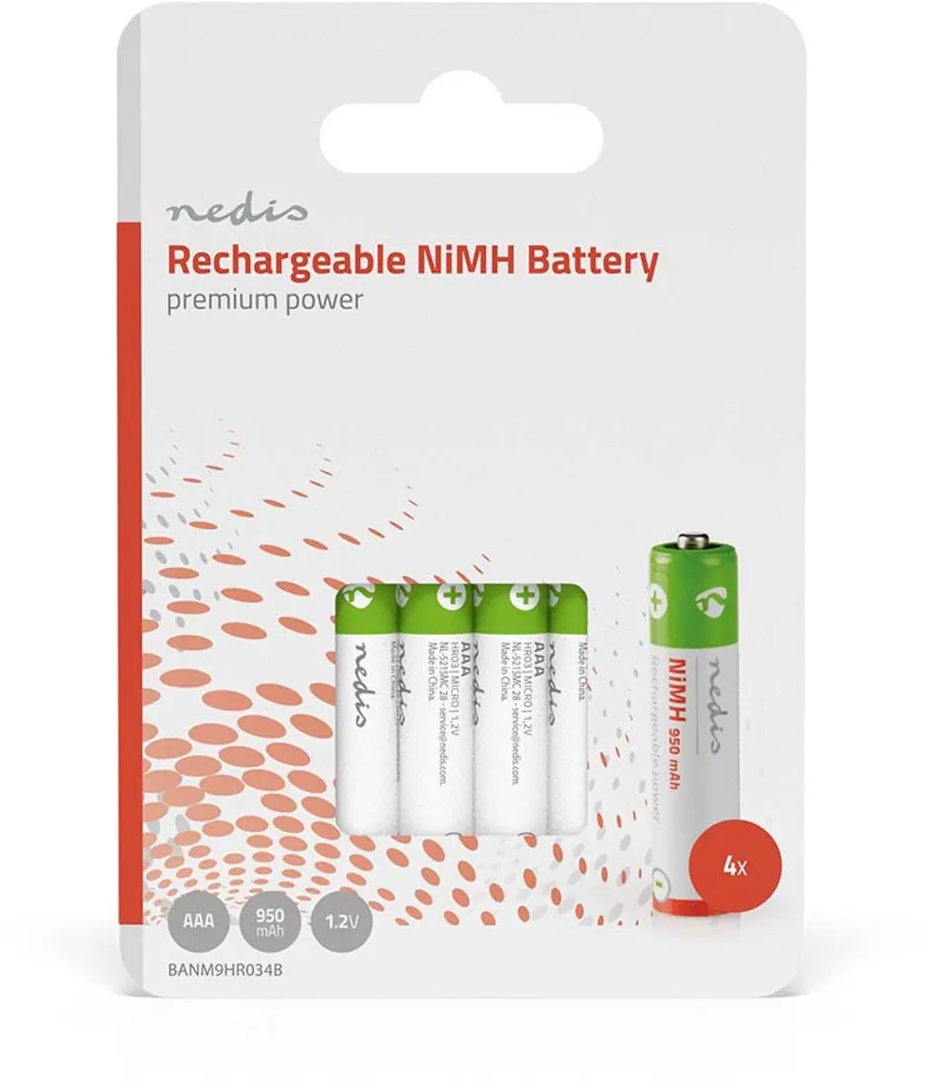 Nedis Oplaadbare NiMH-batterij AAA 950mAh - 4-pak - afbeelding 2 van 6