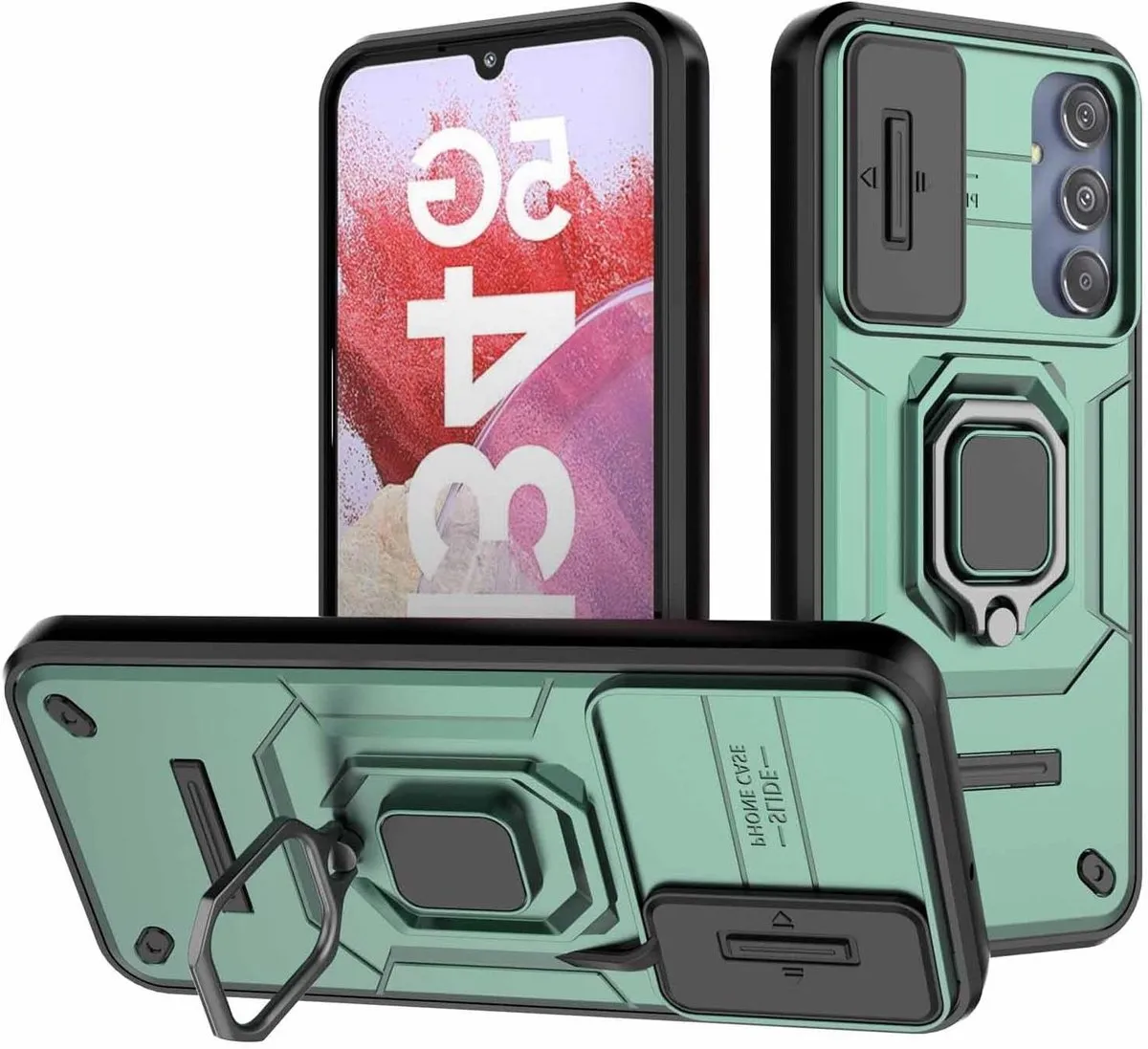 Case voor Samsung Galaxy M34 - Dubbellaags Siliconen TPU + Hard PC - Schokbestendig - Camera Ring Houder - Kickstand - Groen