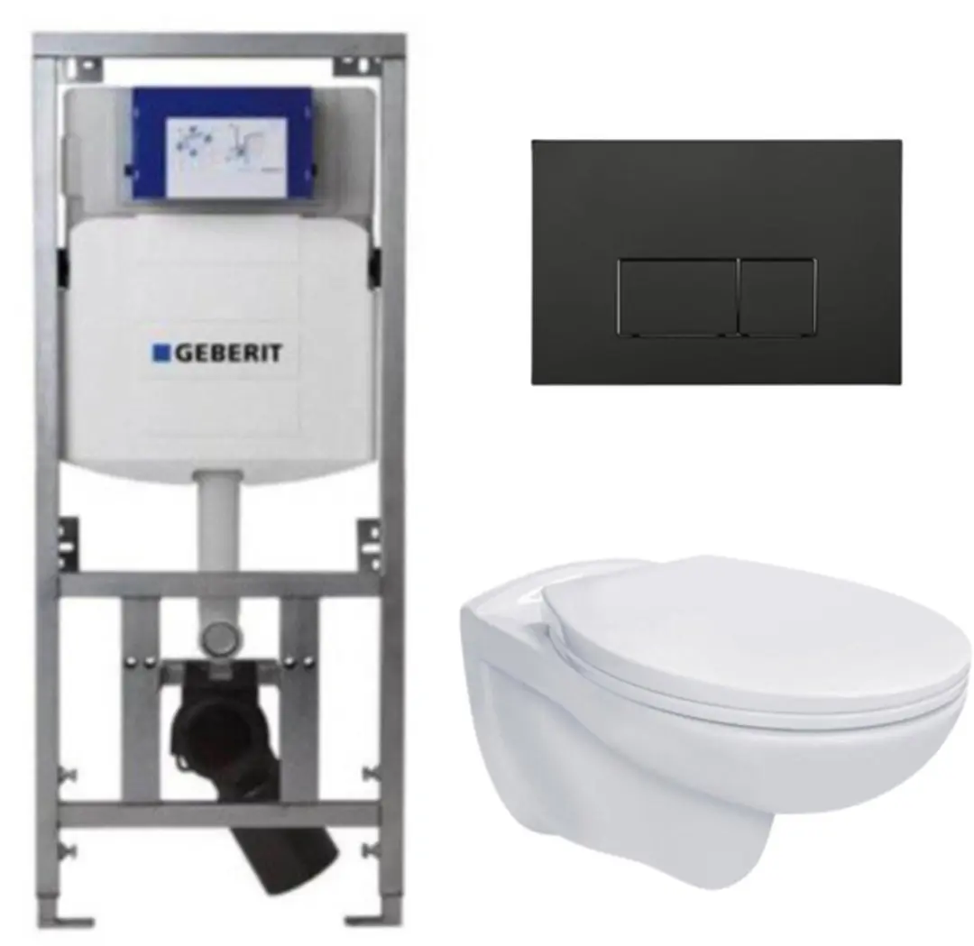 Adema Classico toiletset bestaande uit inbouwreservoir en toiletpot basic toiletzitting en bedieningsplaat - zwart (wit) - afbeelding 2 van 2