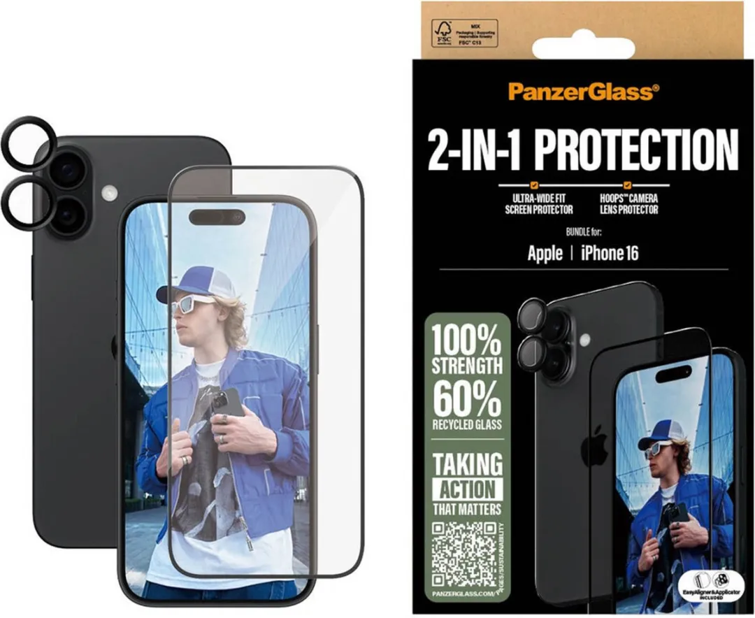 PanzerGlass iPhone 16 2-in-1 Screenprotector - Antibacterieel - 2 Stuks