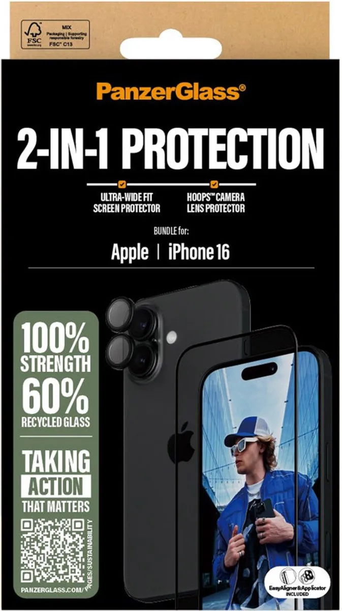 PanzerGlass iPhone 16 2-in-1 Screenprotector - Antibacterieel - 2 Stuks