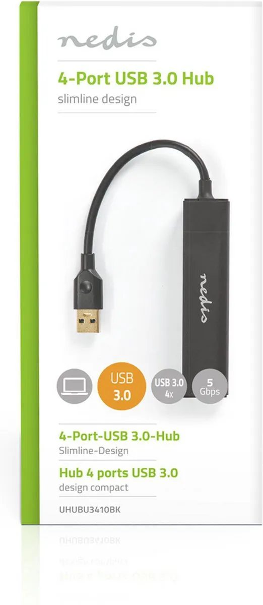 Nedis UHUBU3410BK USB-Hub 4 Poorten USB 3.2 Gen 1 - Zwart - afbeelding 6 van 6