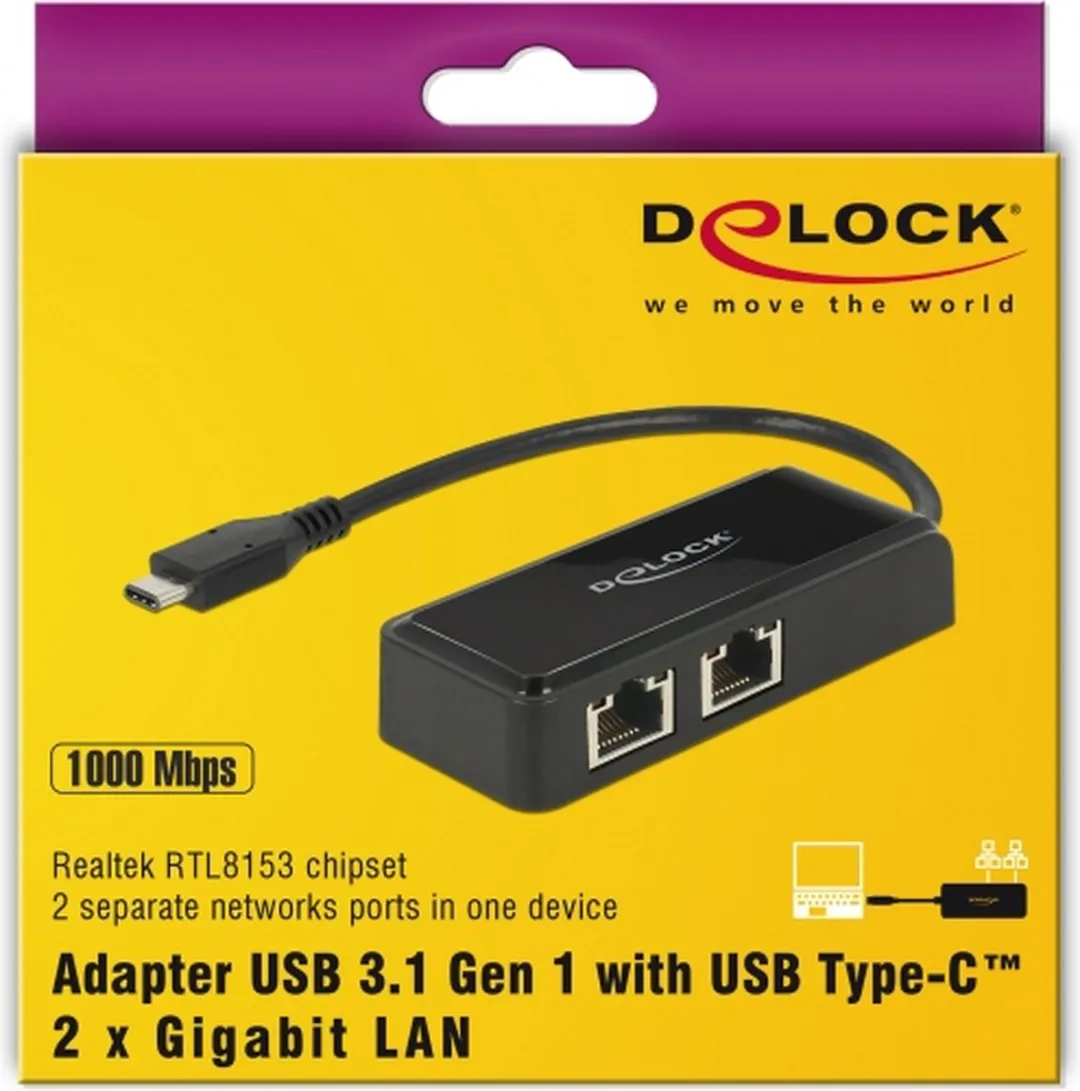 Delock USB 3.1 Type-C naar 2x RJ-45 Kabeladapter - Zwart