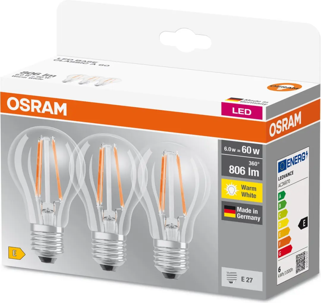 Osram LED Base Classic A E27 - 806 lm - 2700K - 3x - afbeelding 6 van 6