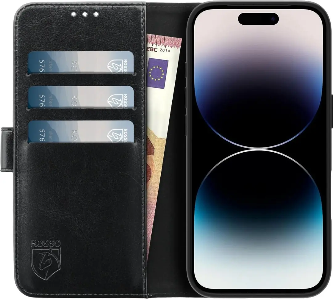 Rosso Element Book Case Wallet Hoesje Geschikt voor Apple iPhone 14 Pro | Portemonnee | 3 Pasjes | Magneetsluiting | Stand Functie | Zwart - afbeelding 3 van 6