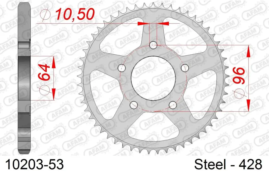 Stalen tandwiel Afam 428 53 dents