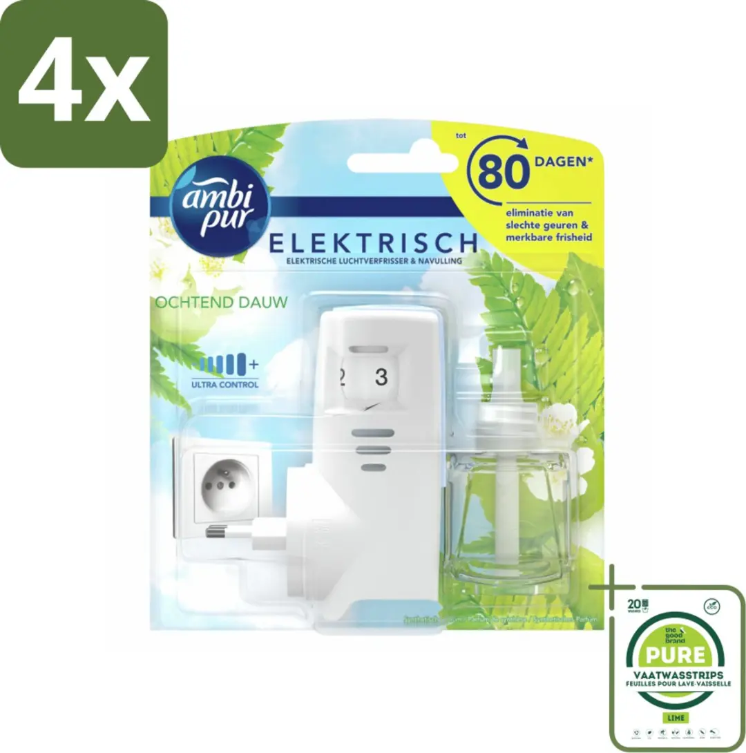 Ambi Pur – Elektrische Luchtverfrisser – Starterkit Inclusief Morning Dew Navulling - Voordeelverpakking - 4 stuks - Luchtverfrisser - Geurverspreider