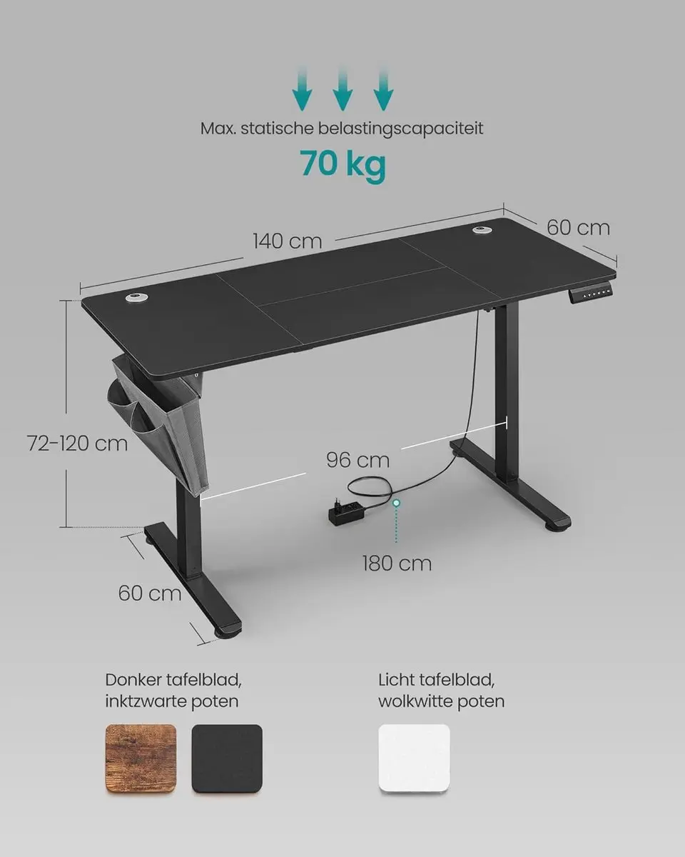 Songmics LSD134B01 Elektrisch Bureau - 140x60cm - Zwart - afbeelding 2 van 6