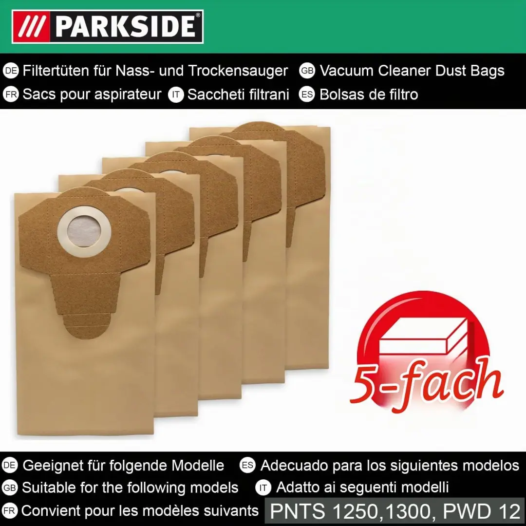 5x Parkside Stofzuigerzakken Nat/Droog PNTS 1250 1300 PWD 12 PAS 500