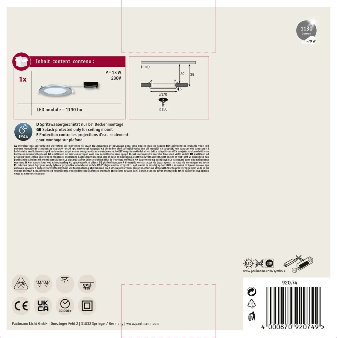 Paulmann LED Inbouwpaneel IP44 11,1W 720lm 2700K - Chroom mat