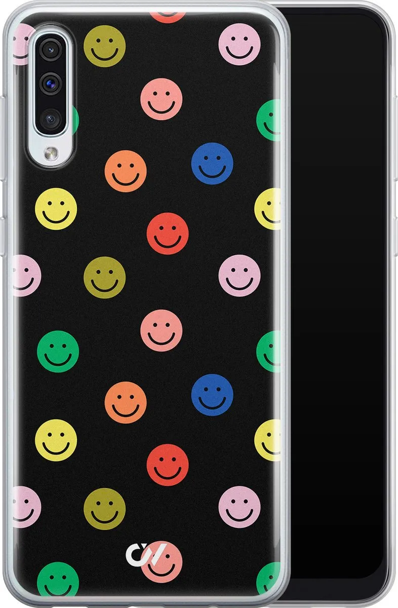 Casevibes Galaxy A50 Hoesje - Zwart Retro Smileys