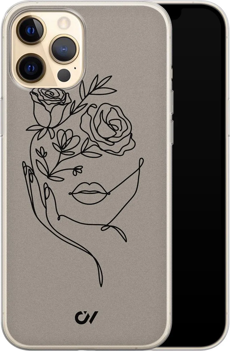 Casevibes iPhone 12 Hoesje Oneline Face Flower - Grijs