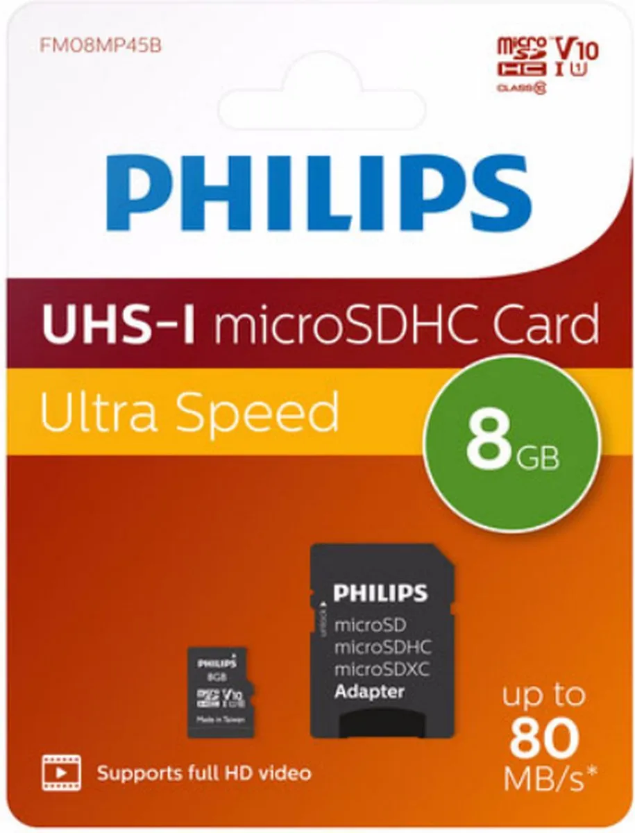 Philips FM08MP45B Micro SDHC 8GB Class 10 - met SD-adapter