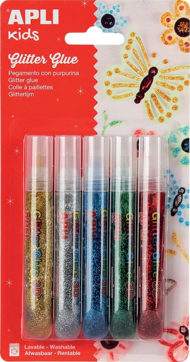 Apli Kids glitterlijm, blister met 5 tubes van 13 ml in geassorteerde metallic k