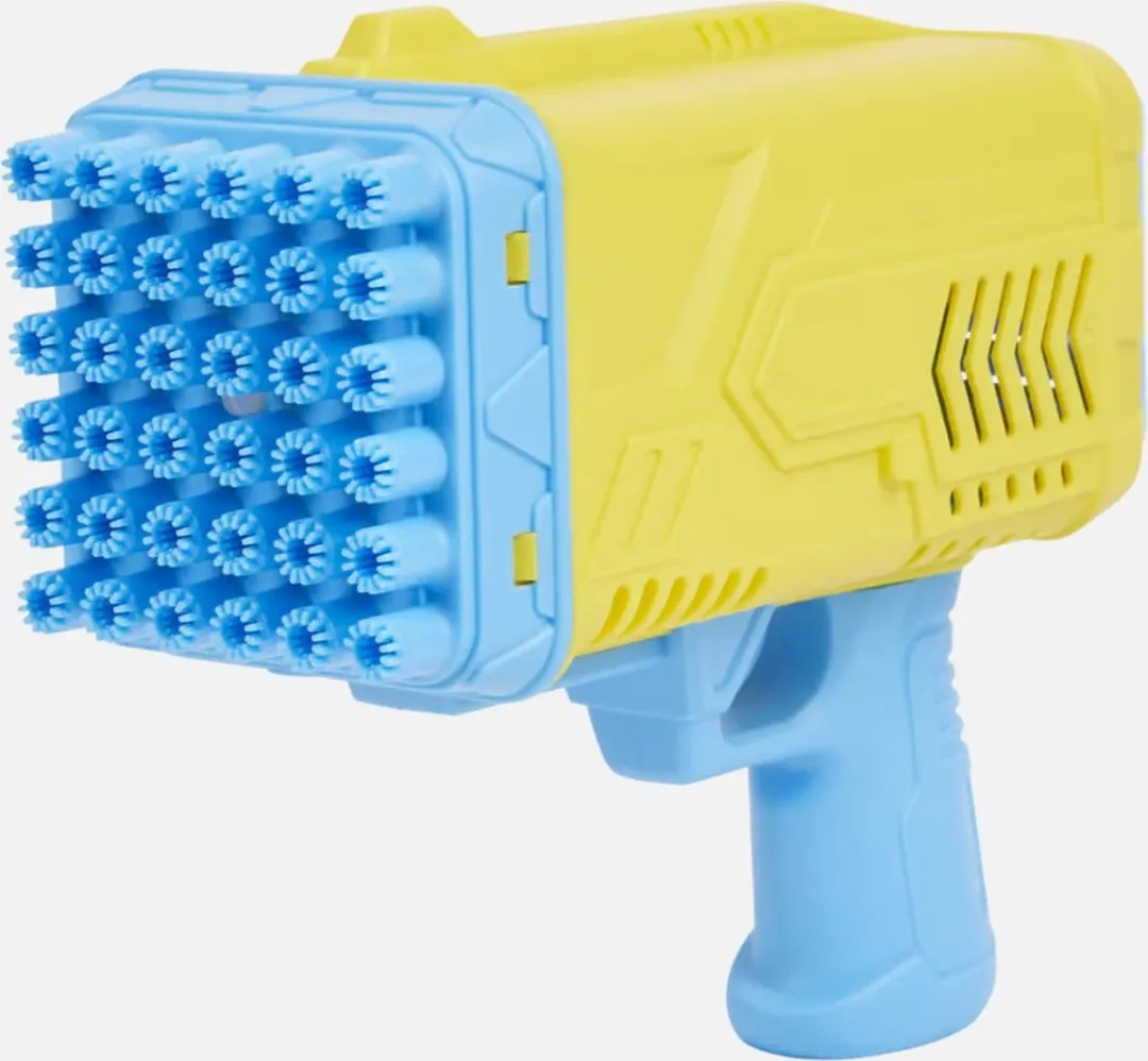 Bellenblaaspistool Geel met blauw 32 shots en verlichting + 100ML bellenblaas vloeistof