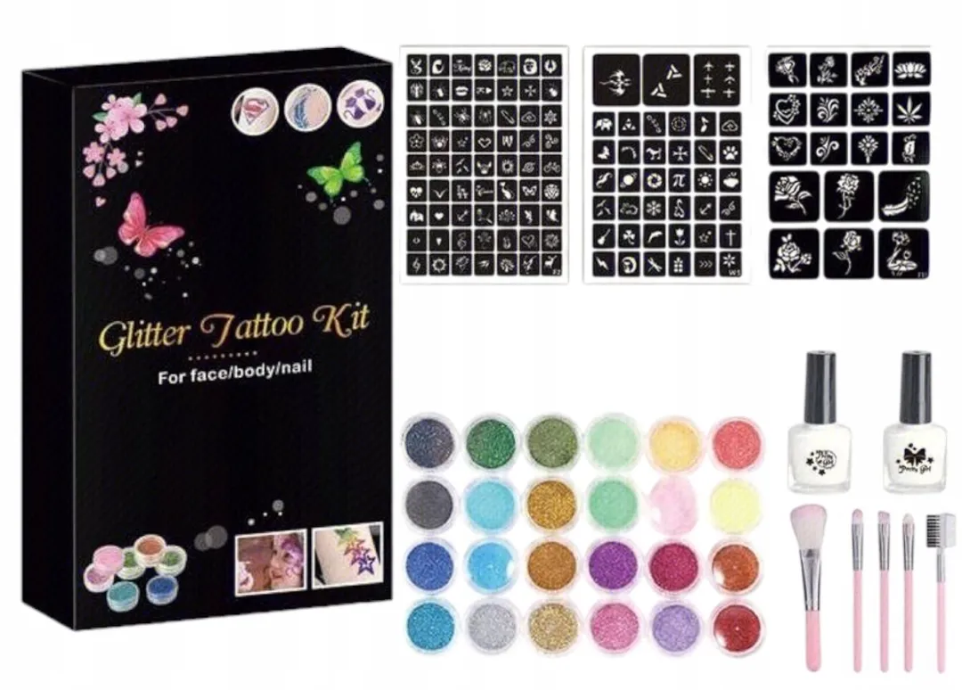 BSKToys - Glitter Tattoo Set - XXL (120 Sjablonen) - 24 Kleuren - Voor Huid & Nagels