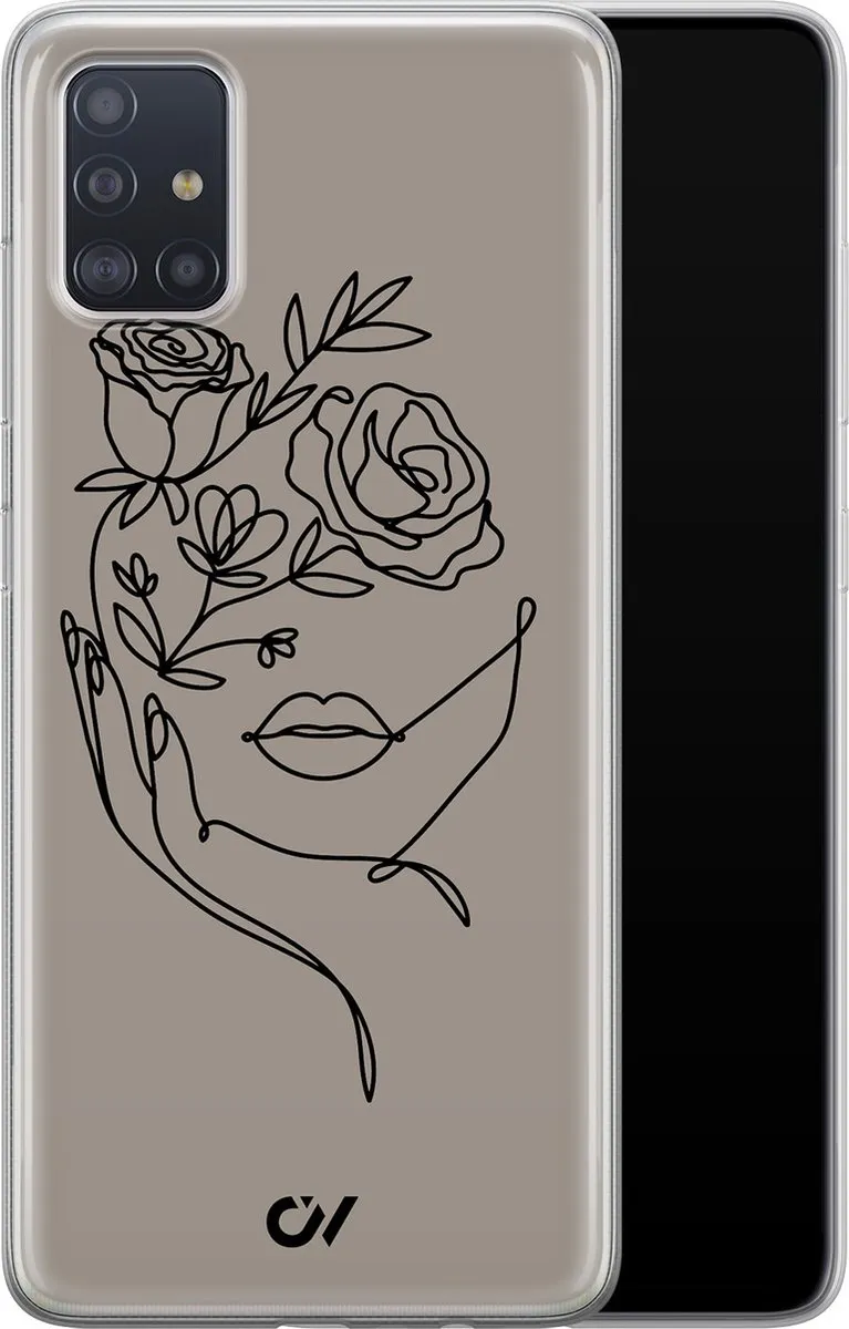 Casevibes Samsung Galaxy A51 Hoesje - Oneline Face Flower - Grijs