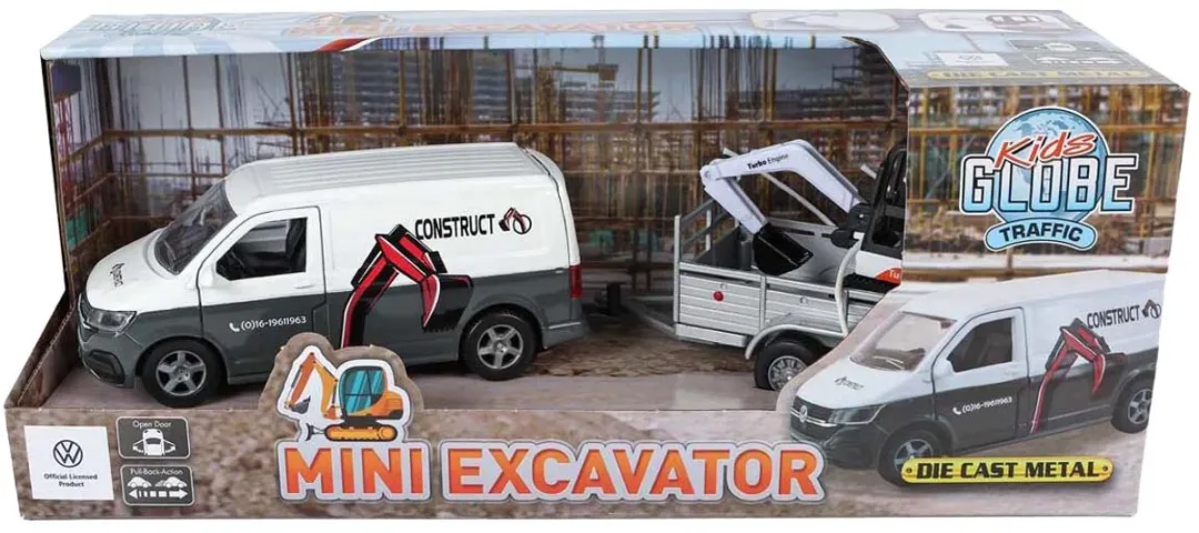 Kids Globe Die Cast VW Transporter met Minigraver 520058 - Multicolor