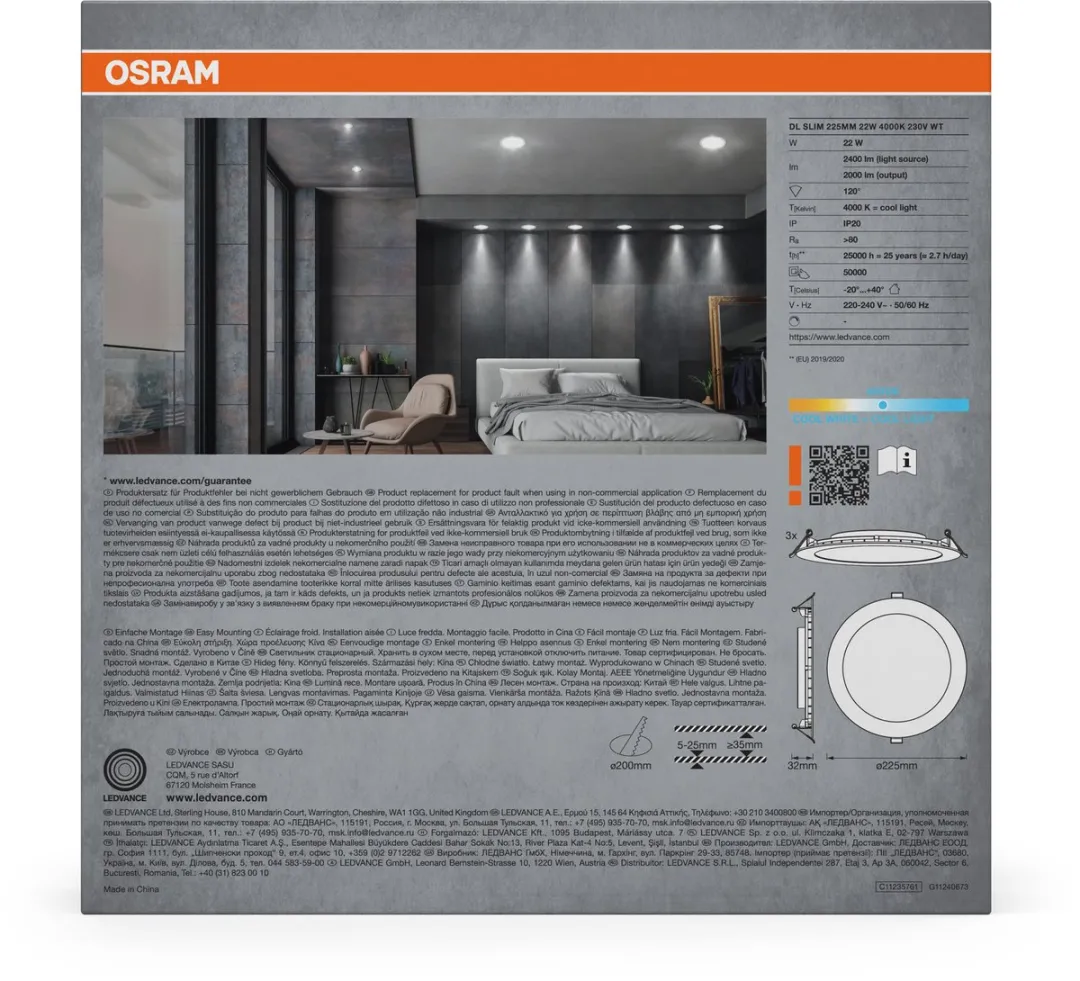 Osram Essential LED Inbouwspot 225mm 22W - 3 Stuks - Koel wit 4000K