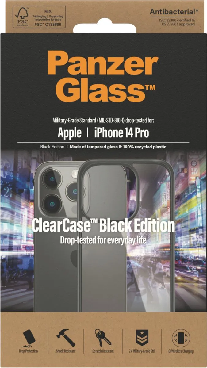 PanzerGlass ClearCase Antibacterieel iPhone 14 Pro - Transparant/Zwart