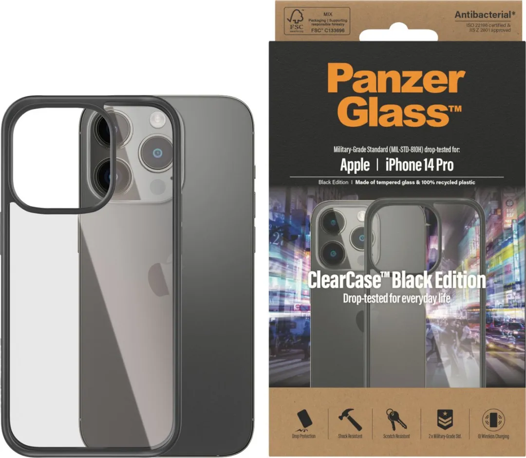 PanzerGlass ClearCase Antibacterieel iPhone 14 Pro - Transparant/Zwart