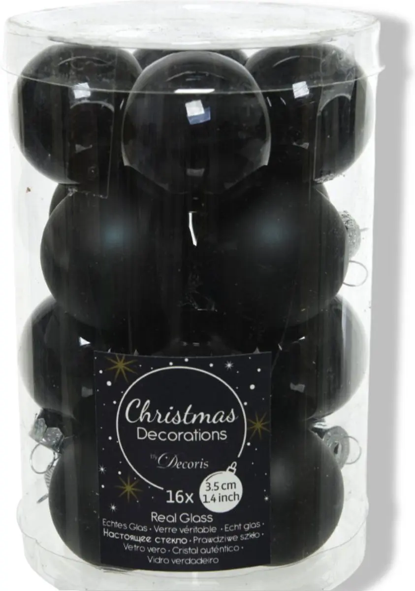 Decoris Kerstballen Glas Ø3,5cm Zwart - 16 Stuks - afbeelding 2 van 4