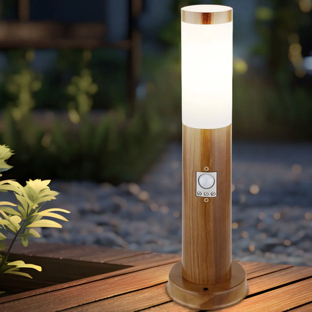 Staande lamp met bewegingsmelder houtlook buitenpaal roestvrij staal, afstandsbe
