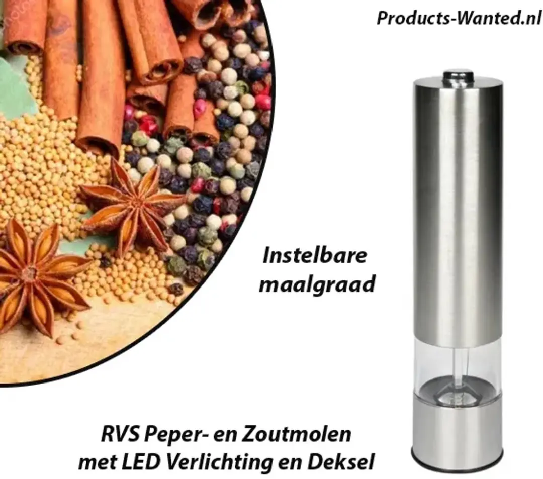 2 Stuks RVS Peper- en Zoutmolen met LED Verlichting en Deksel